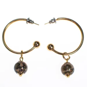 Vintage Gold Hoop Earrings with Speckled Jasper Bead