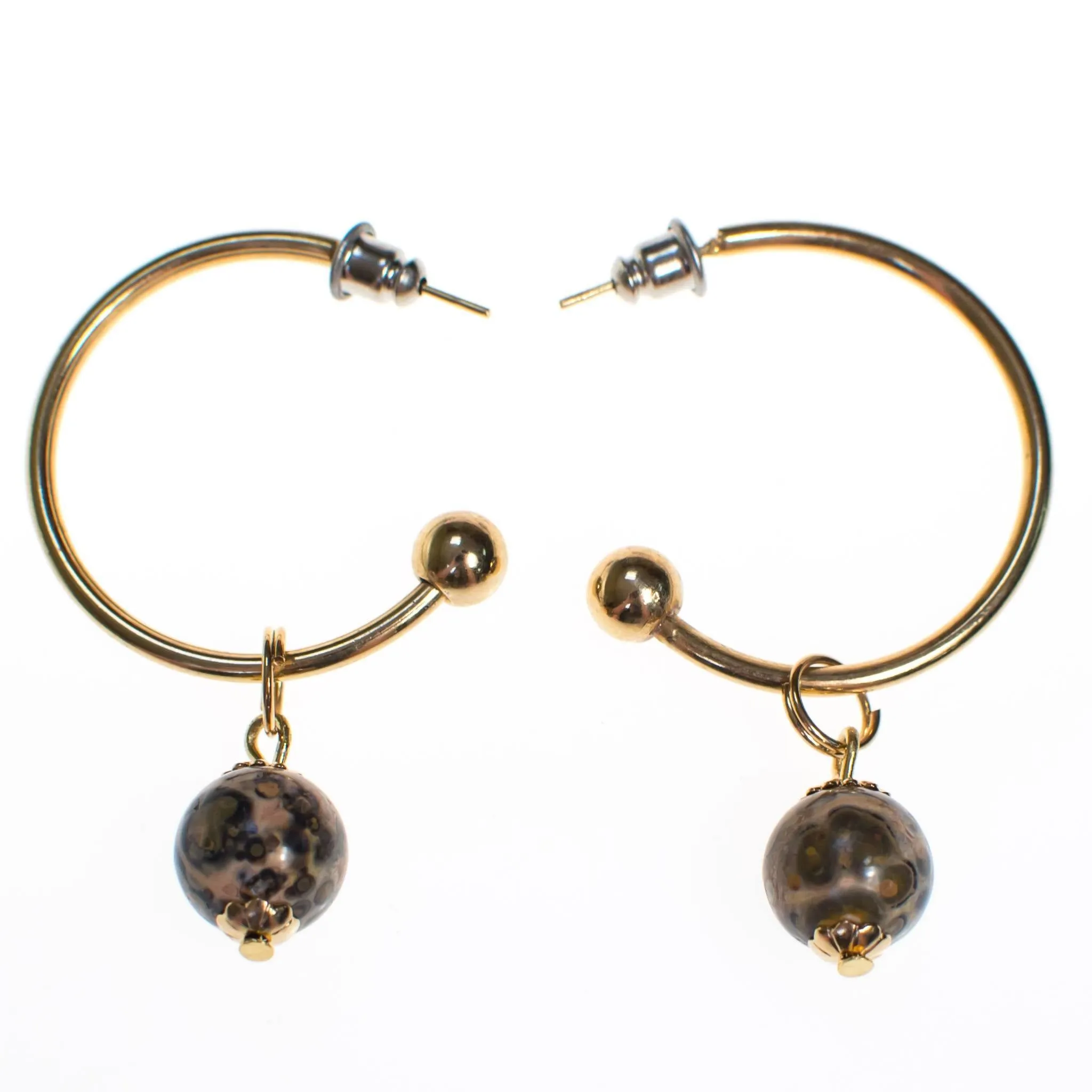Vintage Gold Hoop Earrings with Speckled Jasper Bead