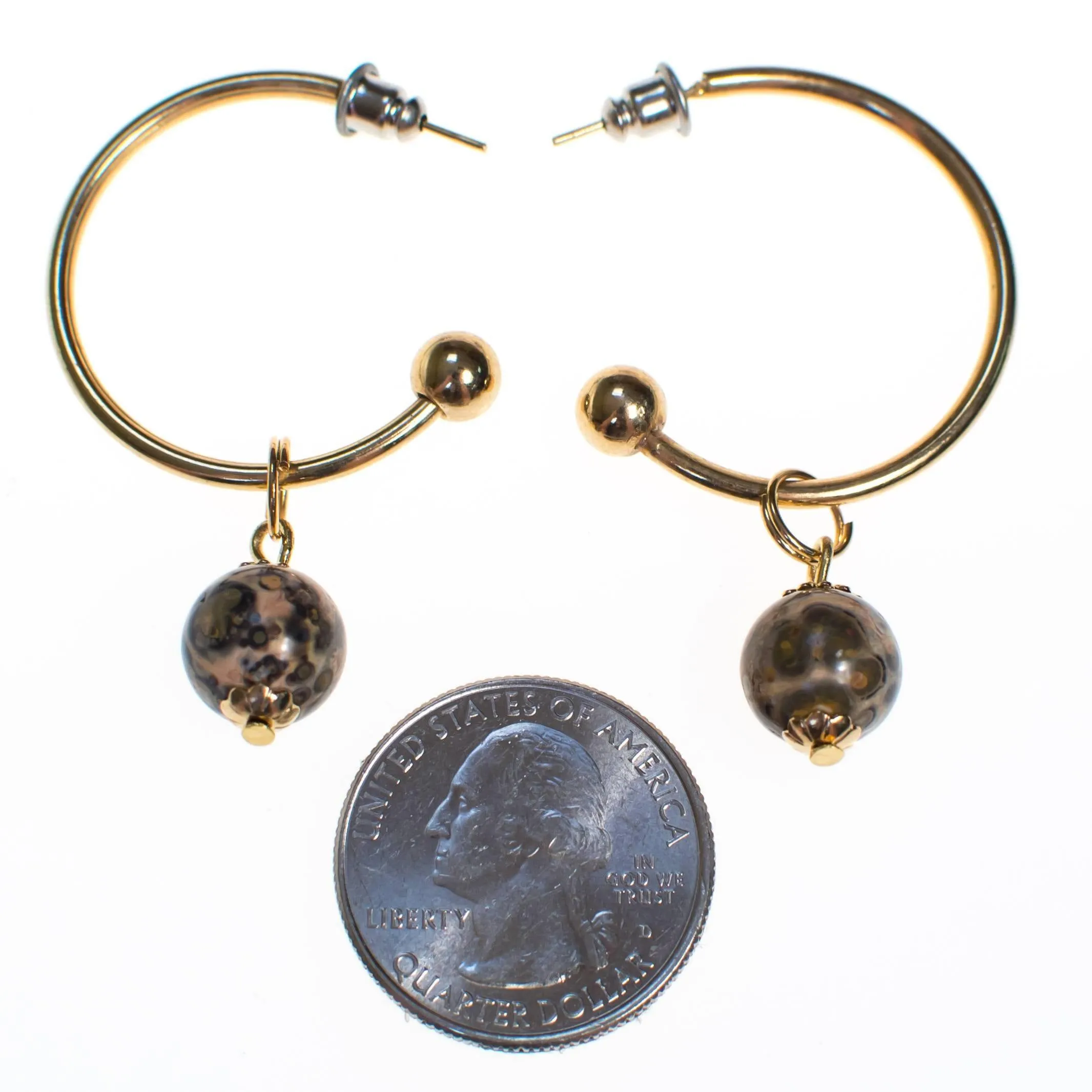 Vintage Gold Hoop Earrings with Speckled Jasper Bead