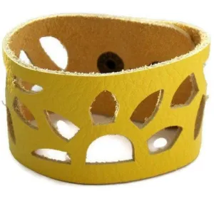 Yellow Sunflower leather wrist Band. Repurposed Leather Cuff Bracelet