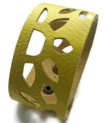 Yellow Sunflower leather wrist Band. Repurposed Leather Cuff Bracelet