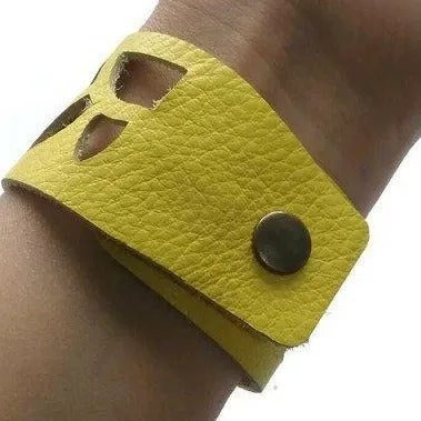 Yellow Sunflower leather wrist Band. Repurposed Leather Cuff Bracelet
