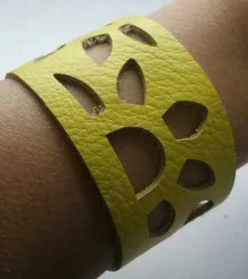 Yellow Sunflower leather wrist Band. Repurposed Leather Cuff Bracelet