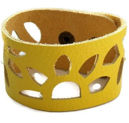 Yellow Sunflower leather wrist Band. Repurposed Leather Cuff Bracelet